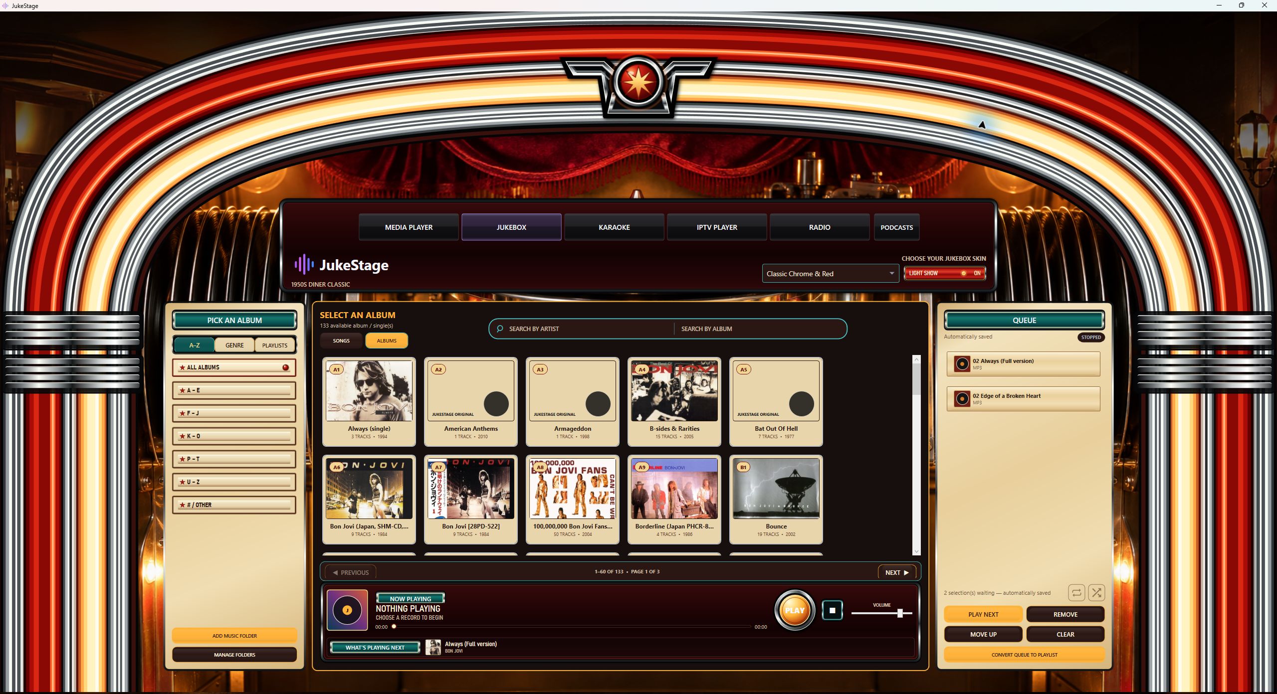 Classic Chrome and Red Jukebox skin with record browsing and queue