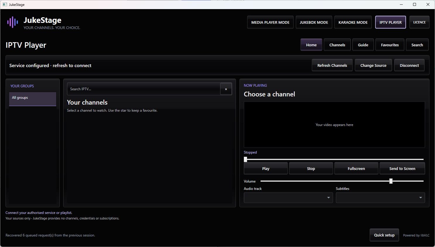 Actual IPTV interface showing groups, channel search, video preview and display controls