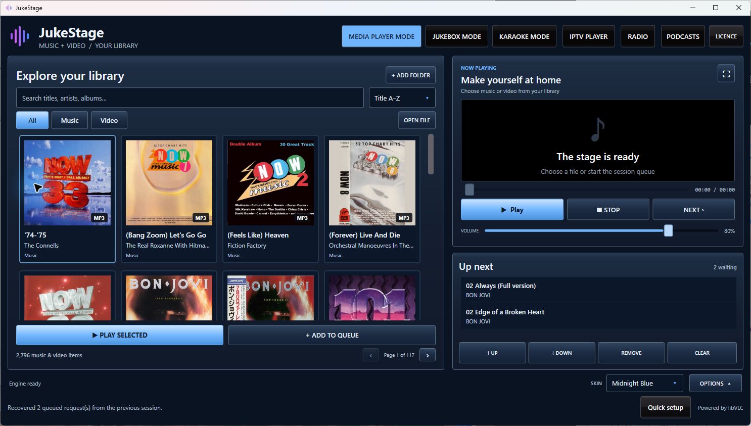JukeStage Media Player with thumbnail library and Up Next queue