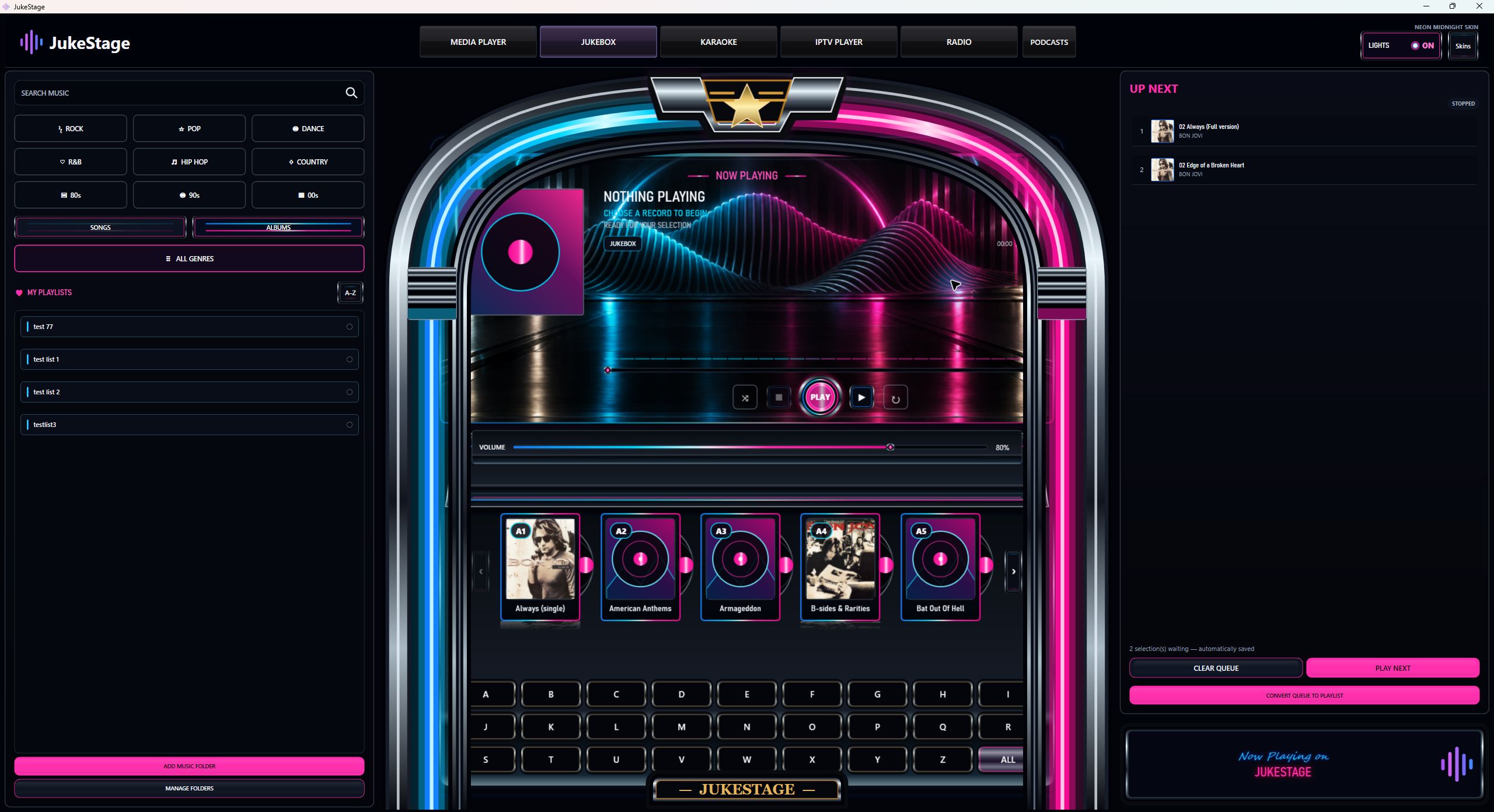 Actual JukeStage Jukebox with Neon Midnight skin, music library and selection queue