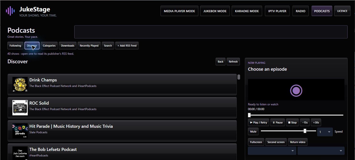 JukeStage Podcasts discovery and episode playback controls
