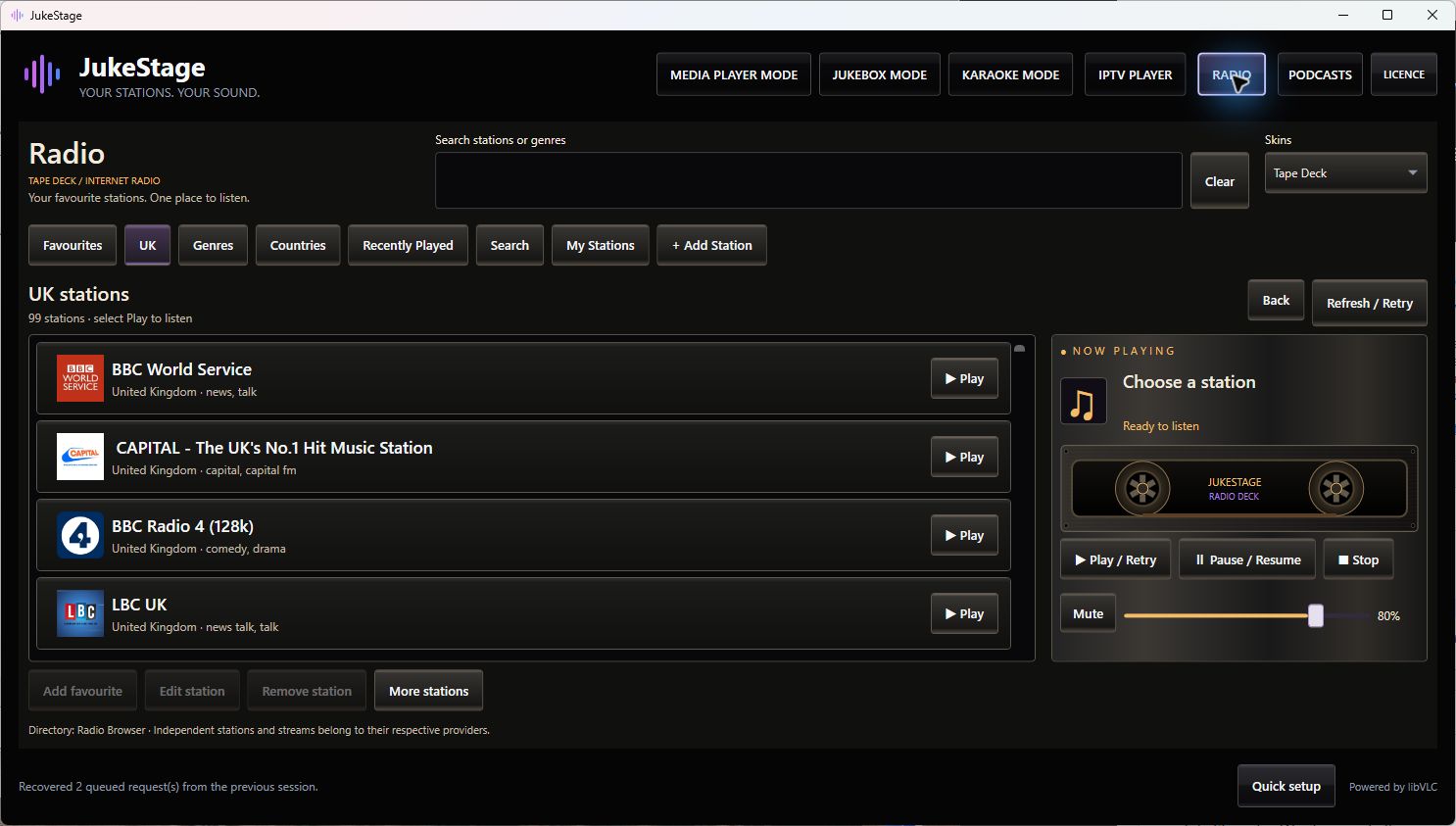 JukeStage Radio with UK station browsing and Tape Deck skin